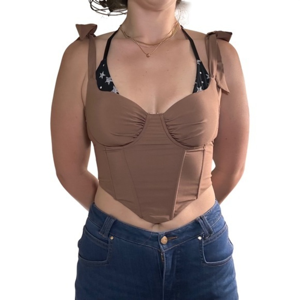 Brown Corset Top Tie Strap Sleeveless Bustier Boned Crop Top Party Clubwear